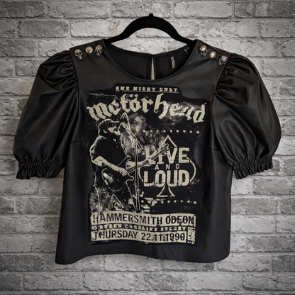 Womens faux leather stretch top with Motorhead -size Med