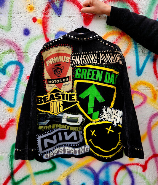 Gender neutrel studded denim 90s rock band collage jacket- womens L/ Mens Med