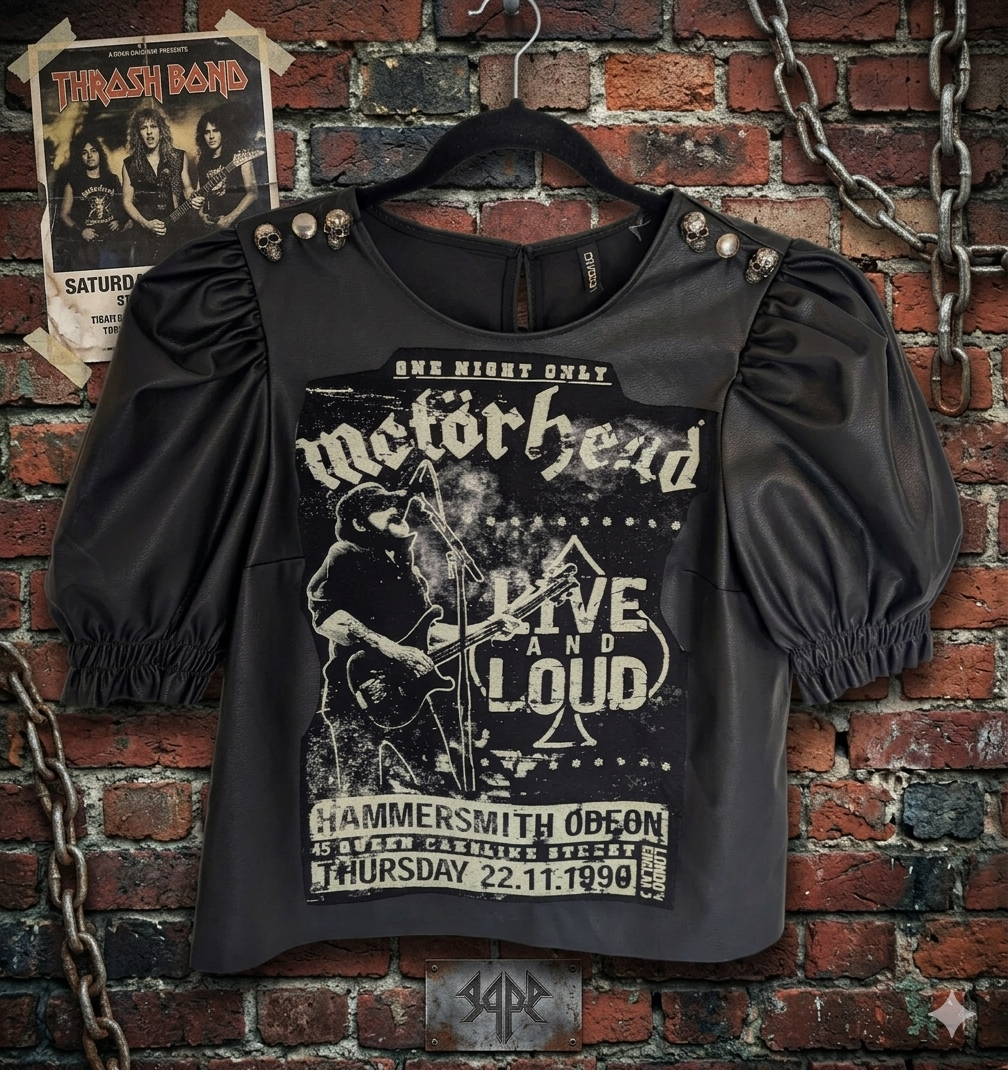 Womens faux leather stretch top with Motorhead -size Med