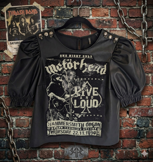 Womens faux leather stretch top with Motorhead -size Med