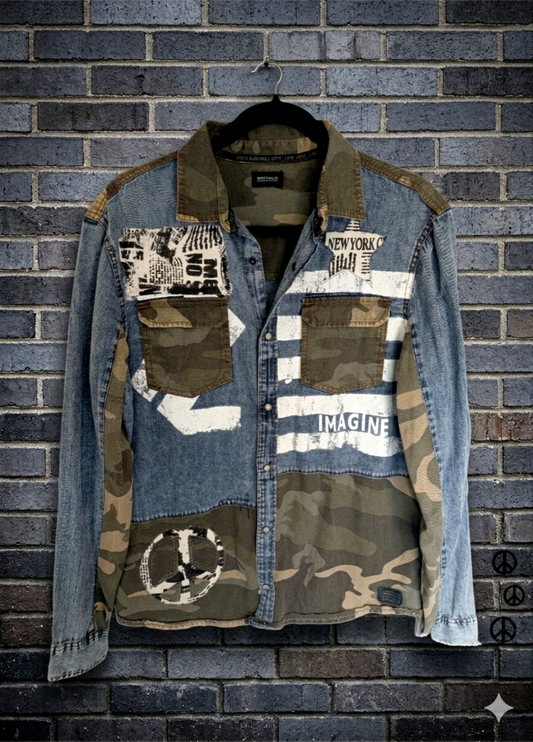 John Lennon Camo-denim button up- men's MED/ womens Large