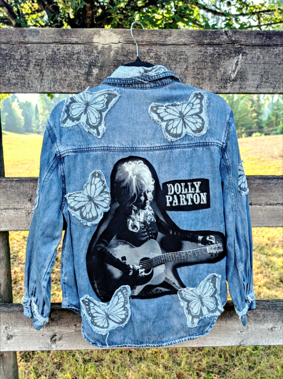 Womens upcycled Butterflies and Dolly denim button up- size Med