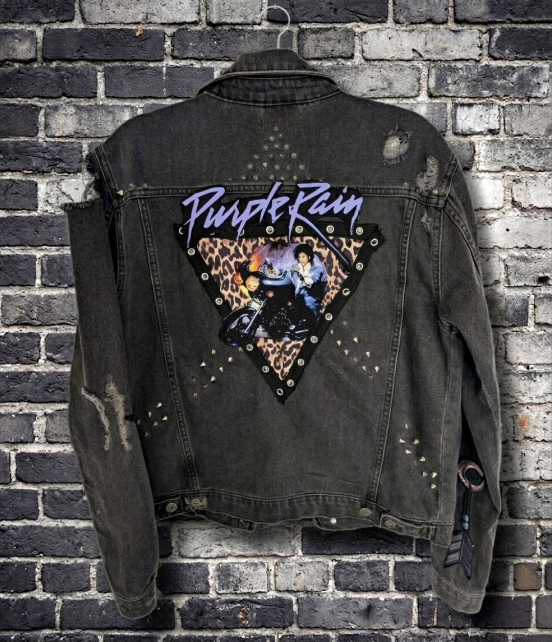Gender neutral Purple Rain distressed and spiked charcoal denim- men's Small/ womens MEDIUM