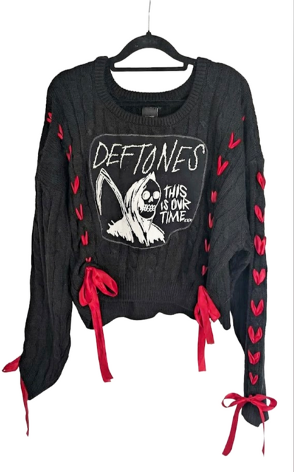 Womens DEFTONES black sweater with red ribbon lacing - L- XL