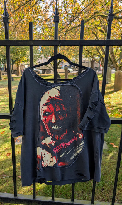 Womens upcycled TERRIFIER short sleeve distressed sweatshirt - size L- XL