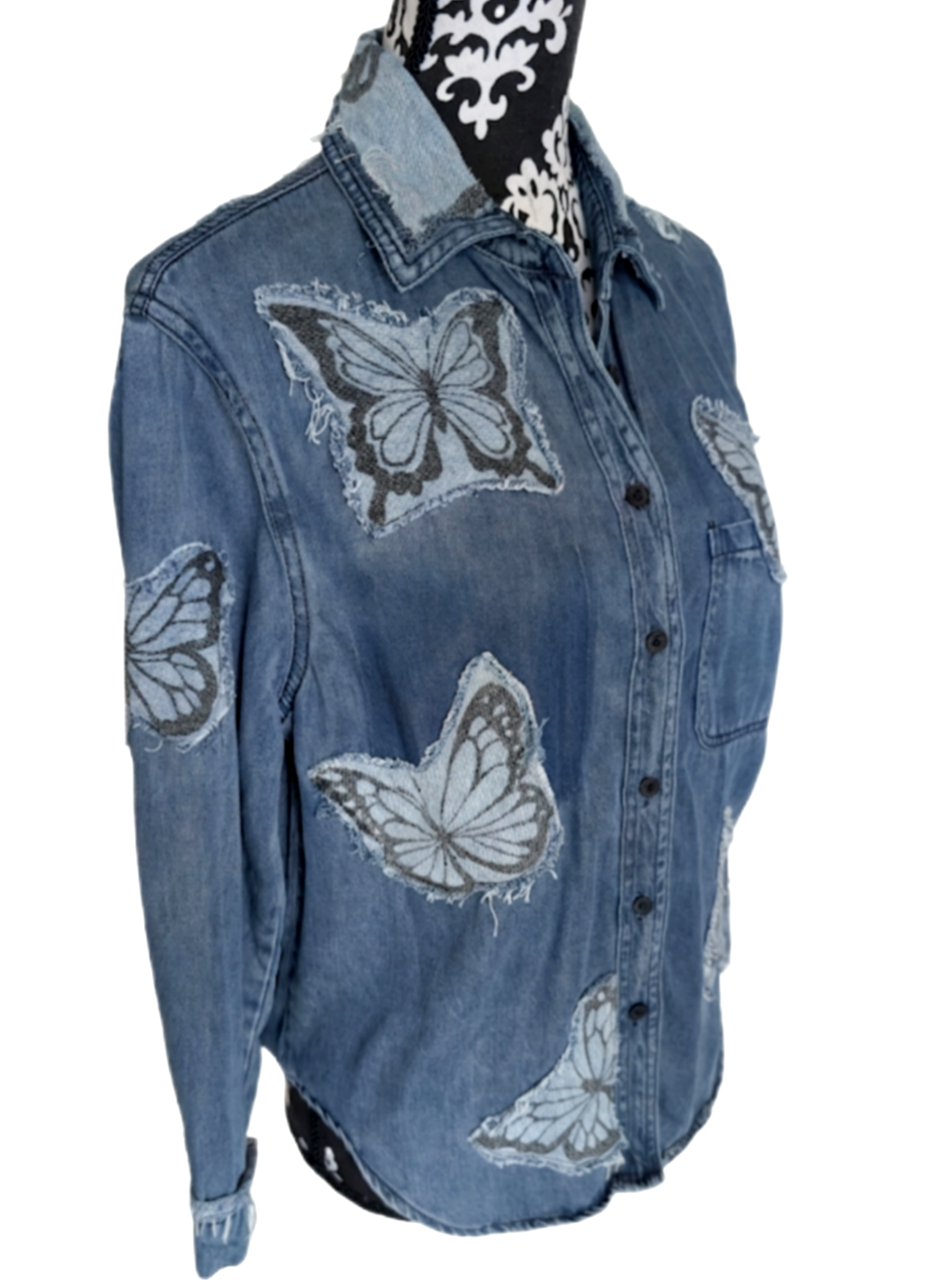Womens upcycled Butterflies and Dolly denim button up- size Med