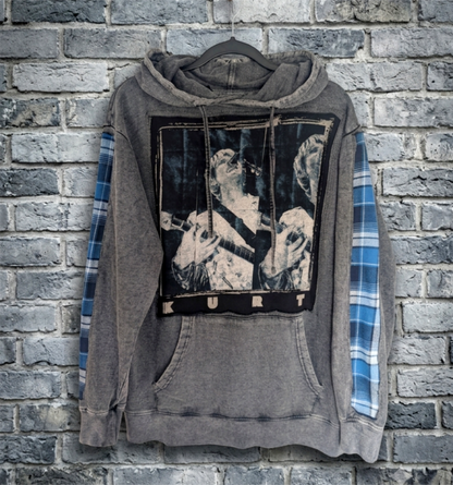 Upcycled KURT COBAIN grey vintage wash hoodie - gender neutral Men's M/ womens L