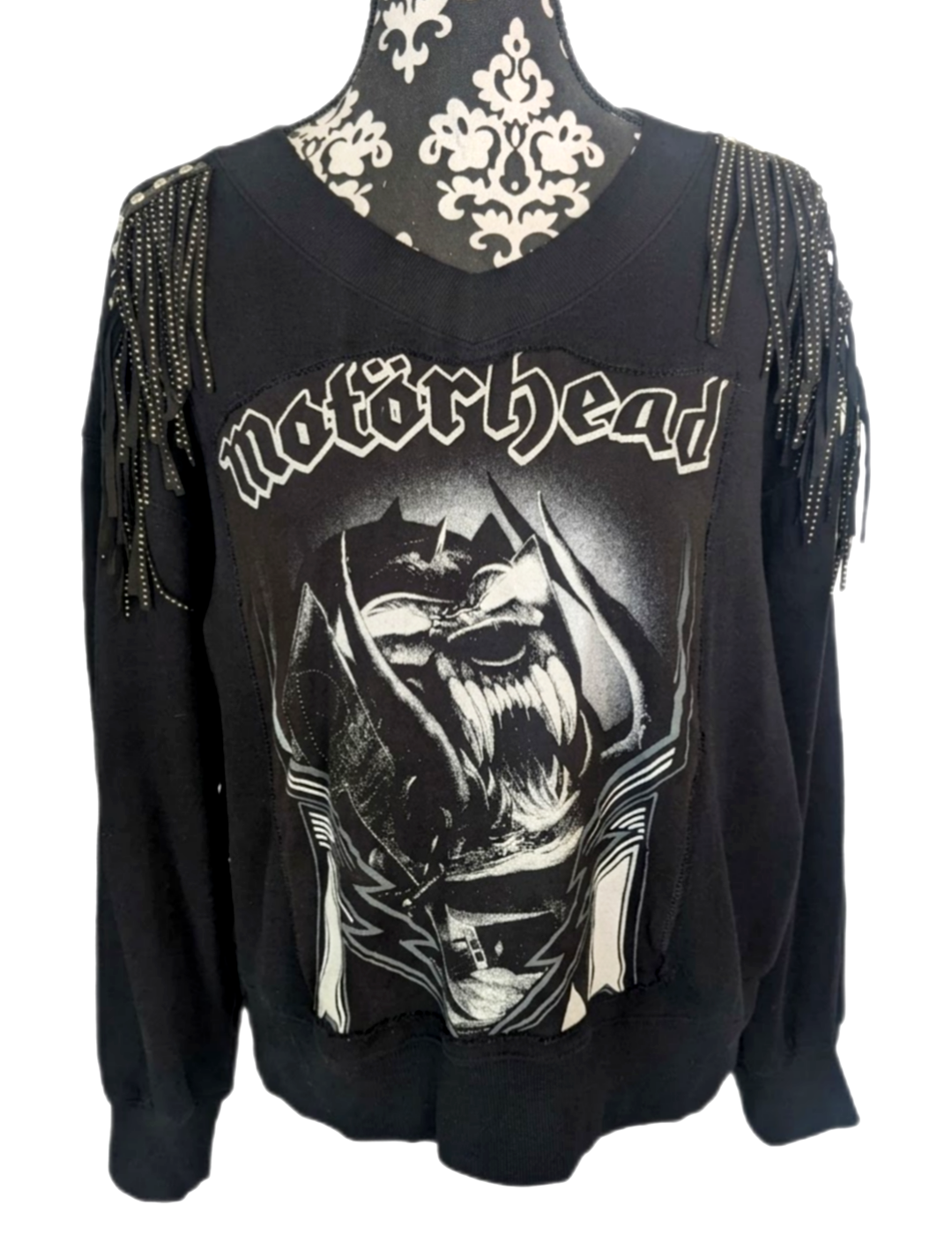 Womens Motörhead v neck sweatshirt with studded fringe - size Large