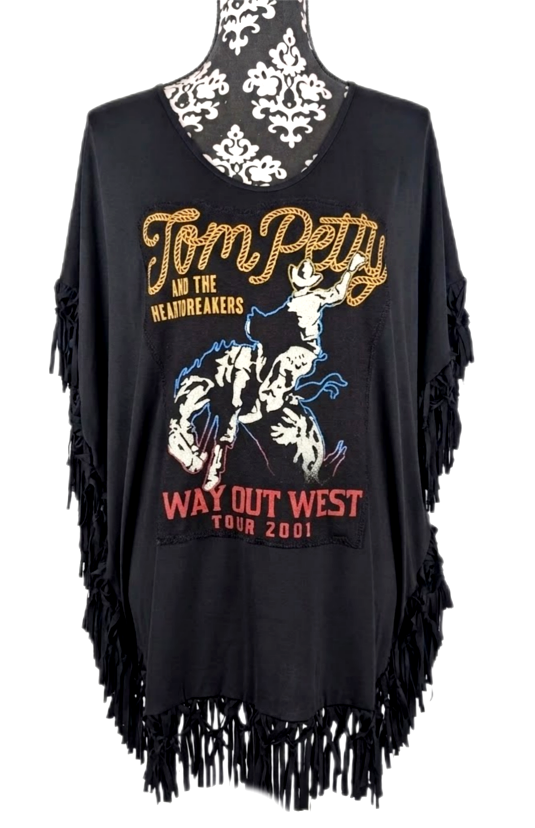 Womens TOM PETTY Way Out West fringed upcycled top- L/ XL fit