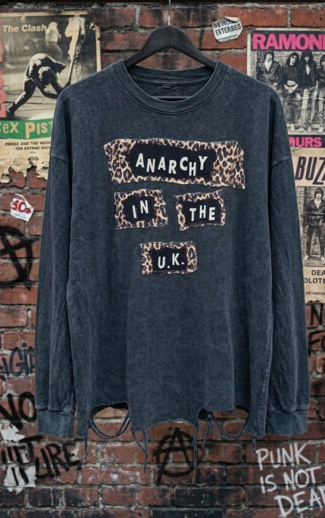 Women's upcycled/ reworked Sex Pistols top with chain and back lyrics- size L/XL