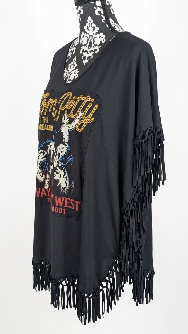 Womens TOM PETTY Way Out West fringed upcycled top- L/ XL fit
