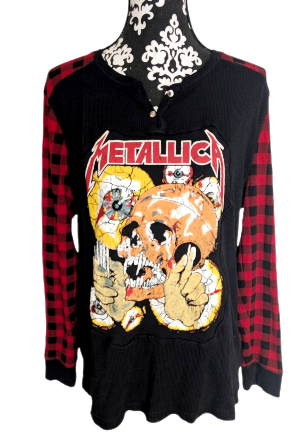 Womens upcycled Metallica thermal top with Skull back- size XL