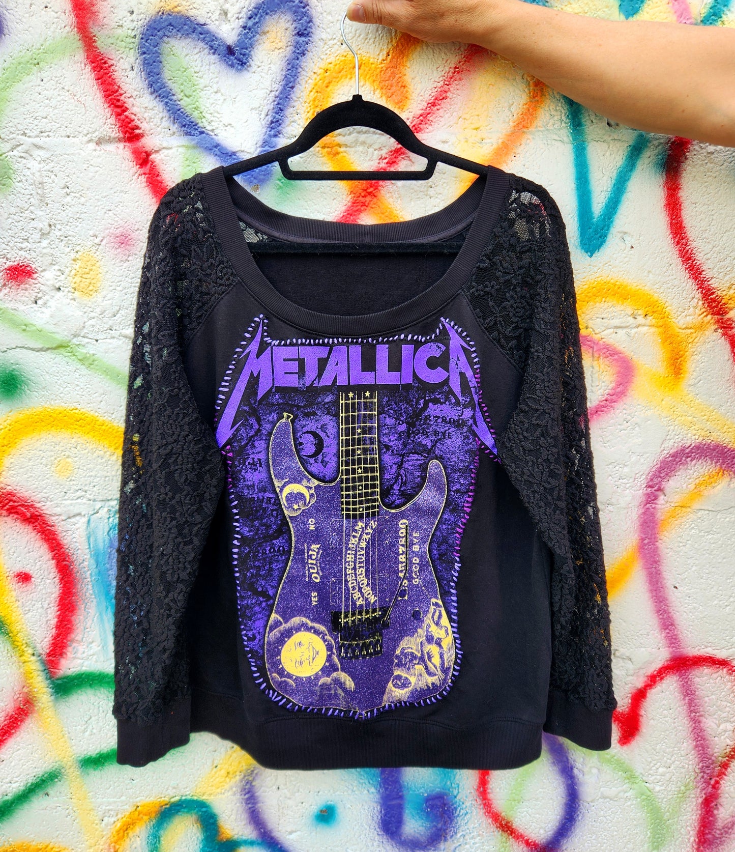 Womens reworked lace sleeve top with Metallica patch- size 1X