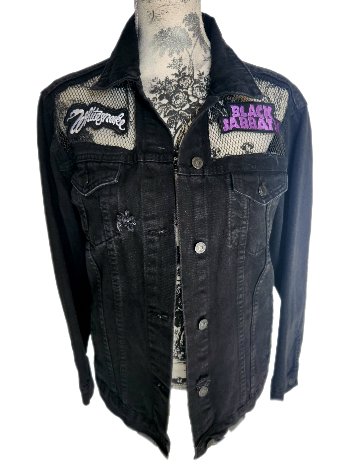 Womens black denim Metal jacket w/ mesh shoulders- medium CLEARANCE!