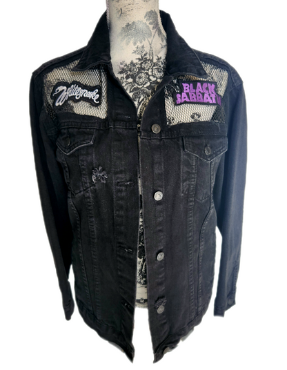Womens black denim Metal jacket w/ mesh shoulders- medium CLEARANCE!
