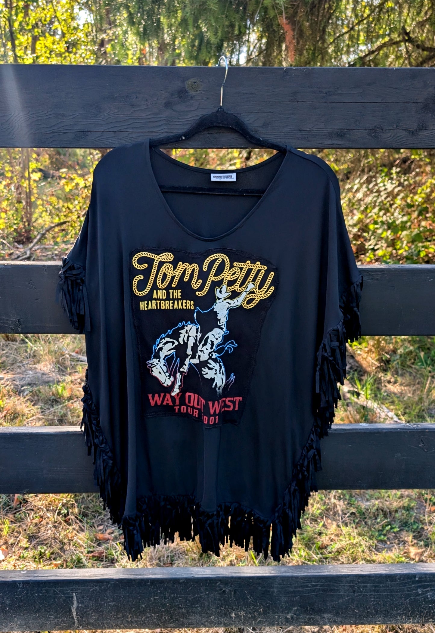 Womens TOM PETTY Way Out West fringed upcycled top- L/ XL fit