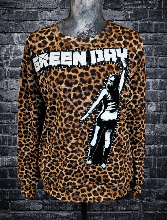 Womens Leopard Green Day rework sweatshirt- size L/ XL