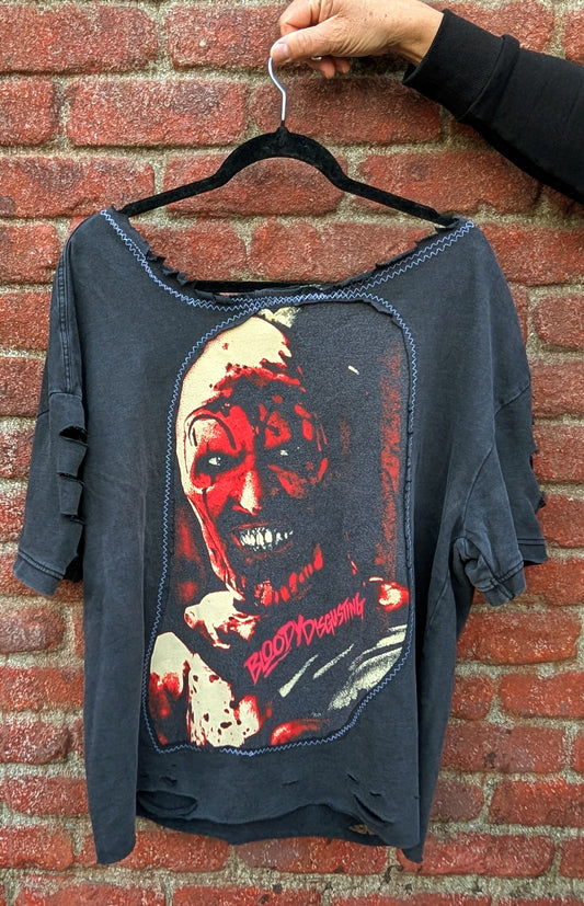Womens upcycled TERRIFIER short sleeve distressed sweatshirt - size L- XL