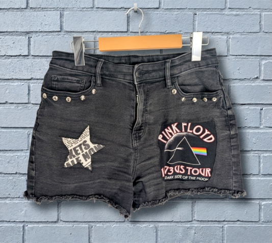 Womens upcycled Pink Floyd denim shorts size: 3/4