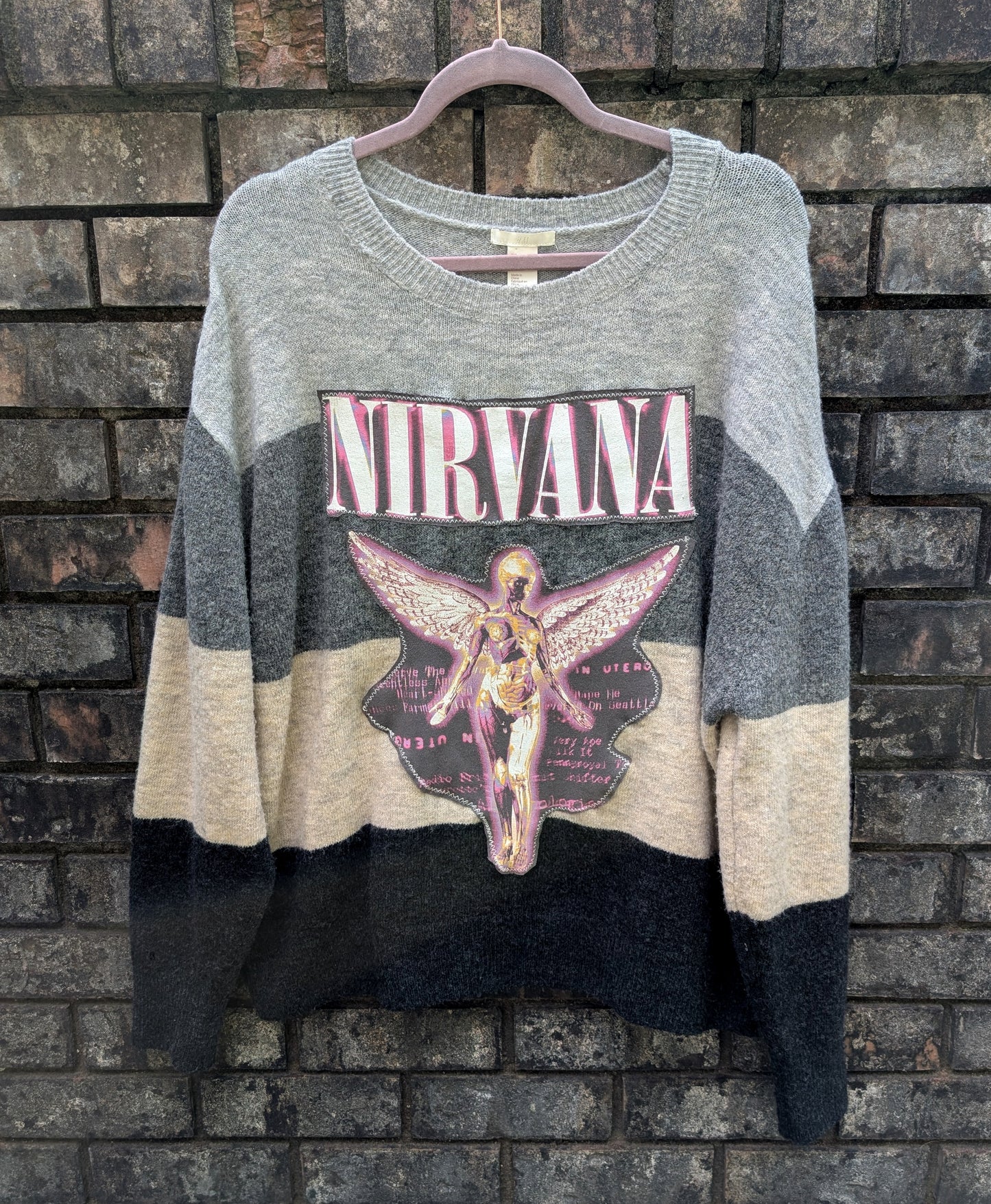 Upcycled super soft sweater with Nirvana- womens L