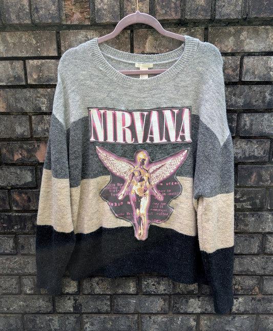Upcycled super soft sweater with Nirvana- womens L