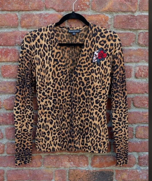 Womens Leopard Back to Black Amy Cardigan sweater- size Medium