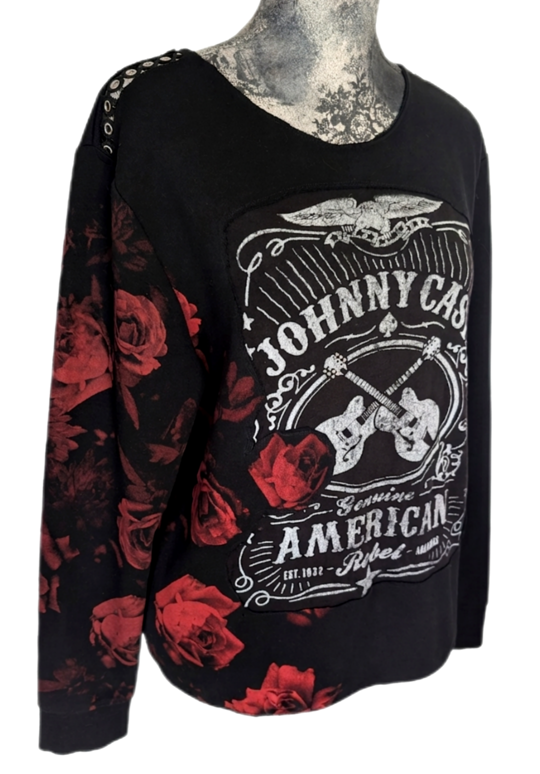 Womens Johnny Cash and Roses upcycled sweatshirt - MED