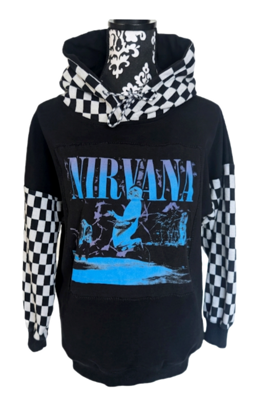 Here We Are Now...Nirvana checkered hoodie-womens MED
