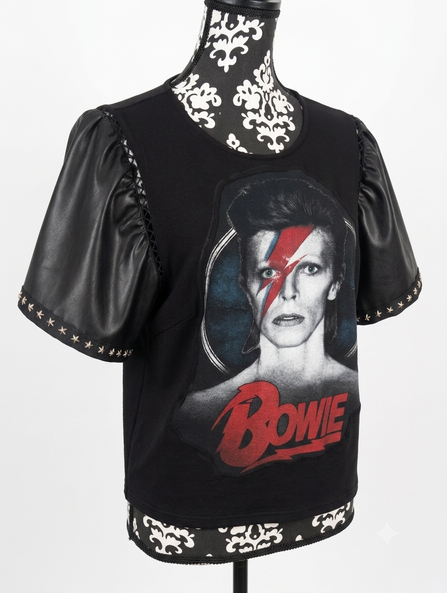 Womens BOWIE top with faux leather sleeves- size Large