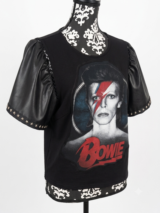Womens BOWIE top with faux leather sleeves- size Large