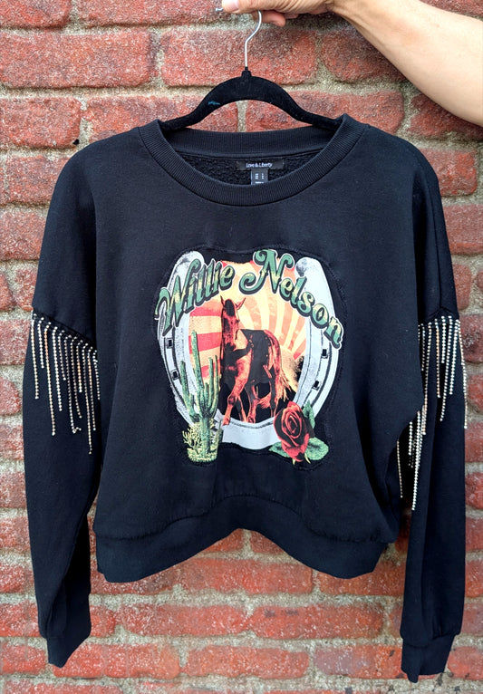 Willie Nelson sweatshirt with rhinestone fringe- size Large