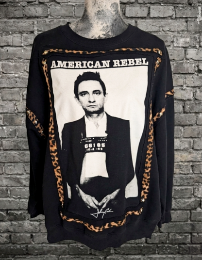 Womens Johnny Cash reworked sweatshirt with leopard- size L/ XL fit