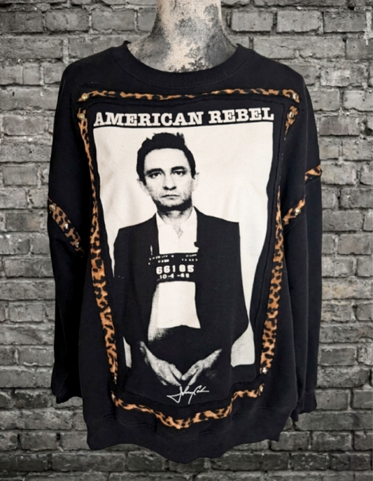 Womens Johnny Cash reworked sweatshirt with leopard- size L/ XL fit