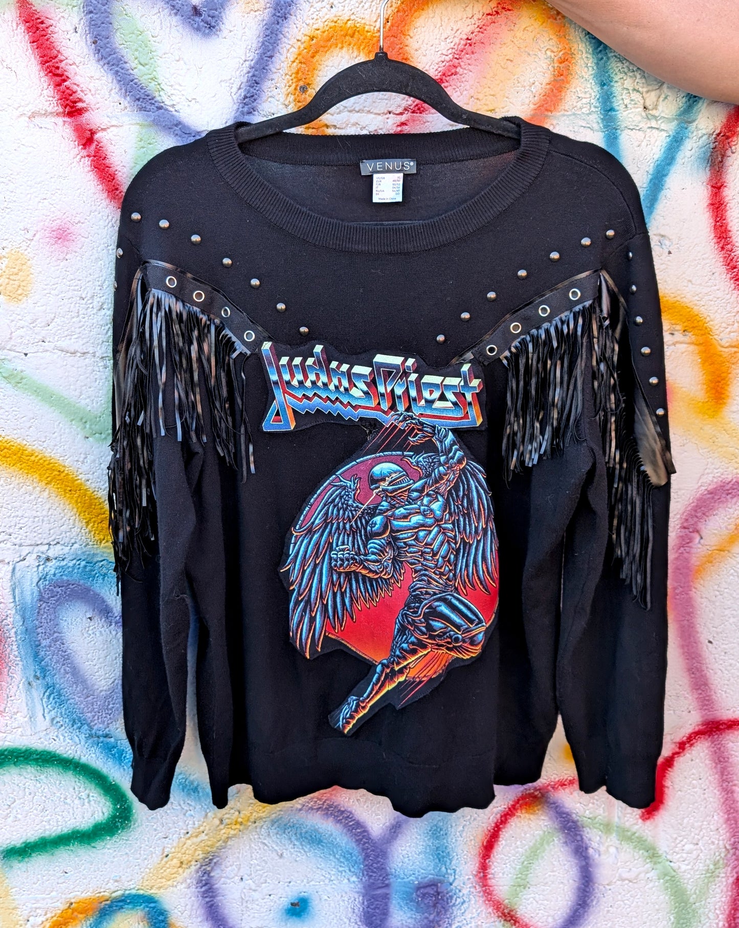 Womens Judas Priest fringed sweater- size L/ XL