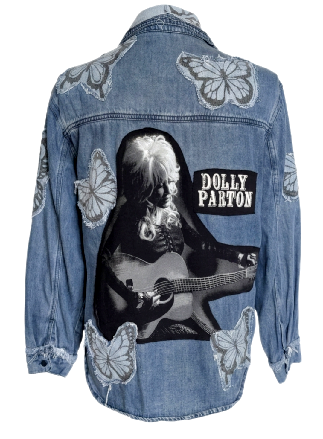 Womens upcycled Butterflies and Dolly denim button up- size Med