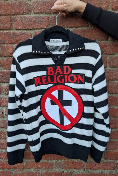 Gender Neutral BAD RELIGION striped collared sweater - womens L men's Small/ MED