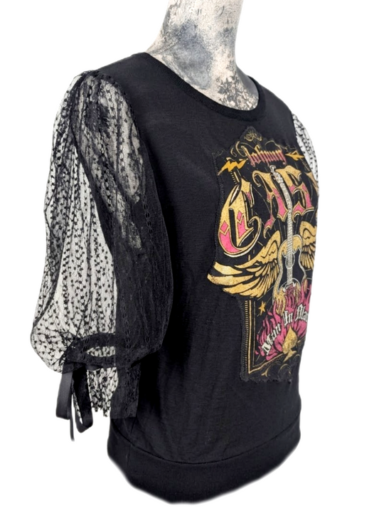 Womens Johnny Cash top with lace sleeves- size Small