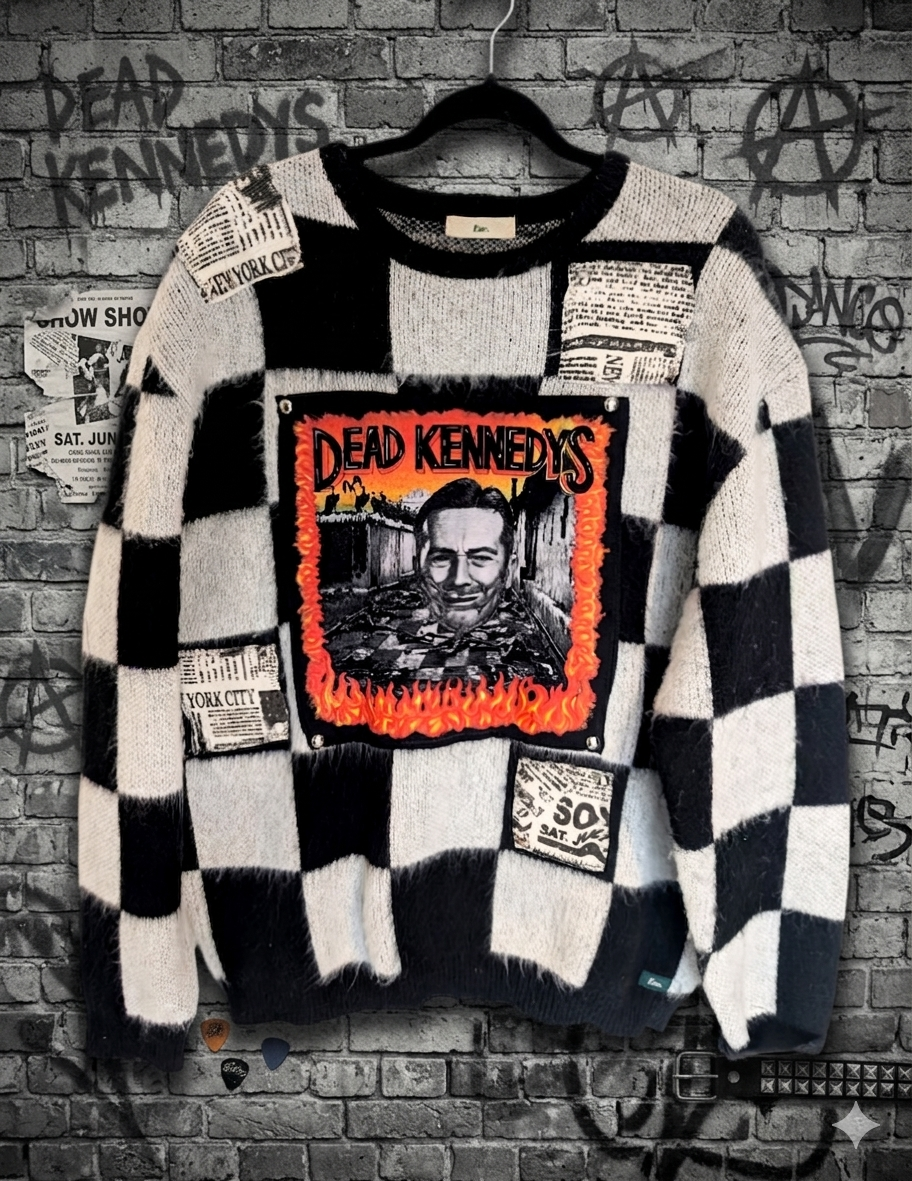 Gender neutral reworked DEAD KENNEDYS checkered sweater - size Men's XL / womens XXL