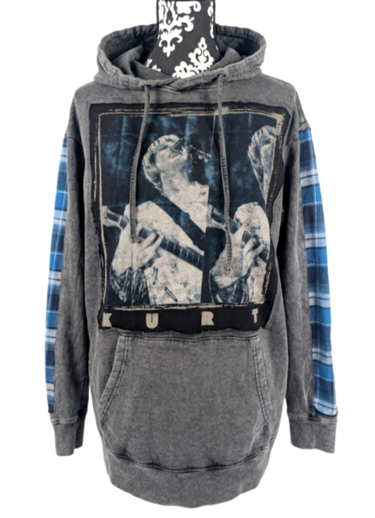 Upcycled KURT COBAIN grey vintage wash hoodie - gender neutral Men's M/ womens L