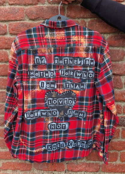 Gender neutral Kurt Cobain quote upcycled flannel- womens XL men's L