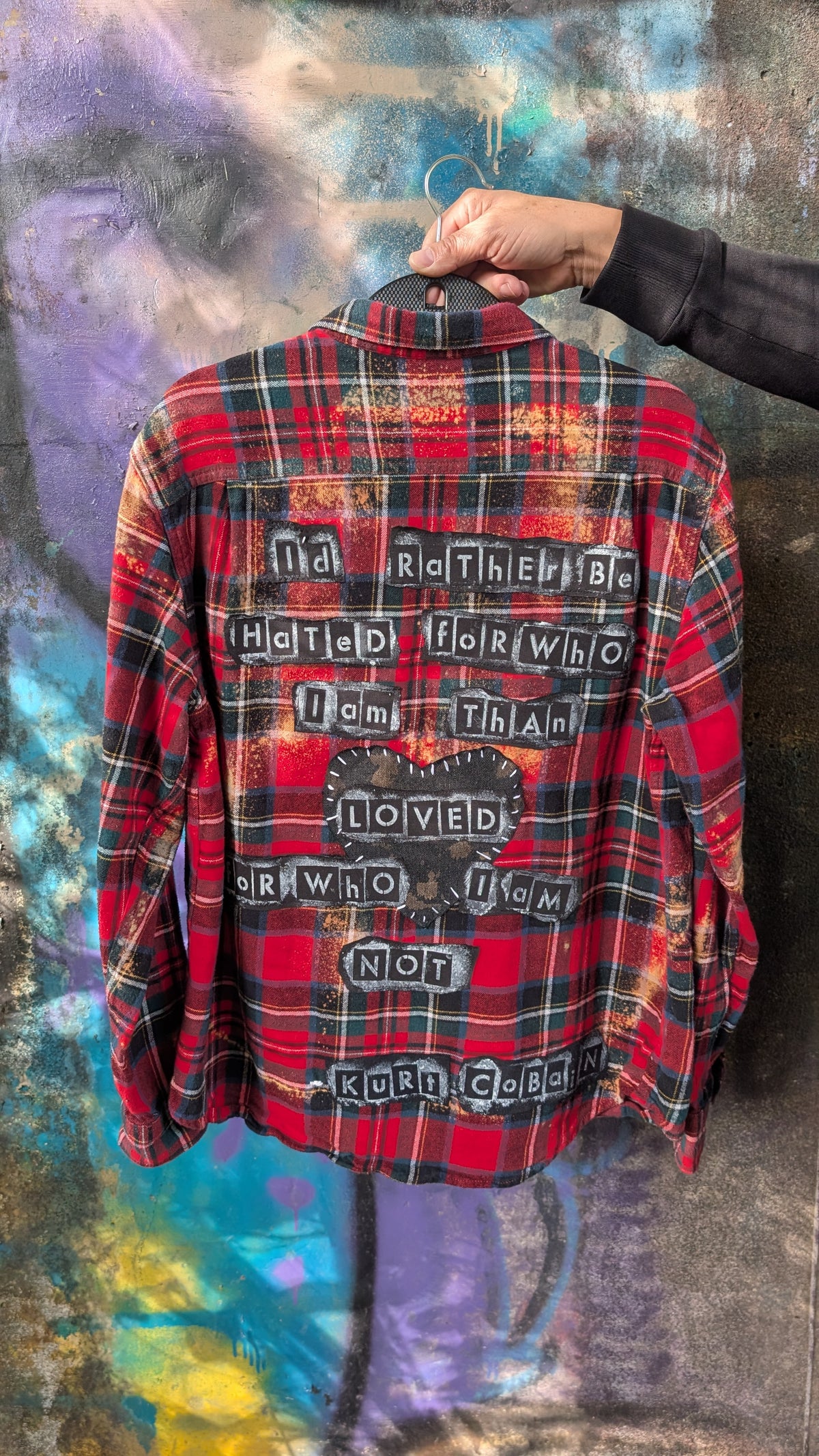 Gender neutral Kurt Cobain quote upcycled flannel- womens XL men's L