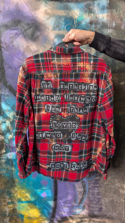 Gender neutral Kurt Cobain quote upcycled flannel- womens XL men's L