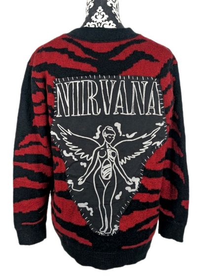 Womens Nirvana red and black zebra stripe cardigan- size Large