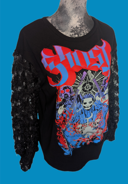 Womens GHOST sweater with flower lace sleeves- size Large