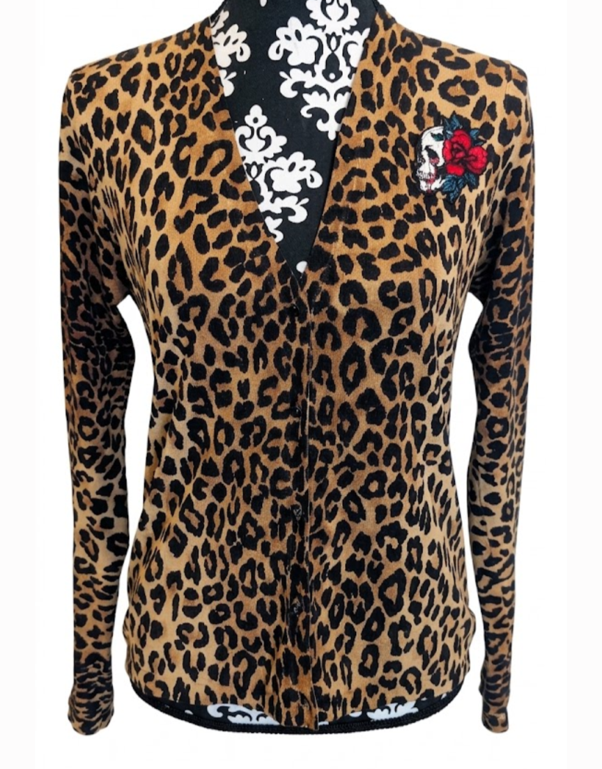 Womens Leopard Back to Black Amy Cardigan sweater- size Medium