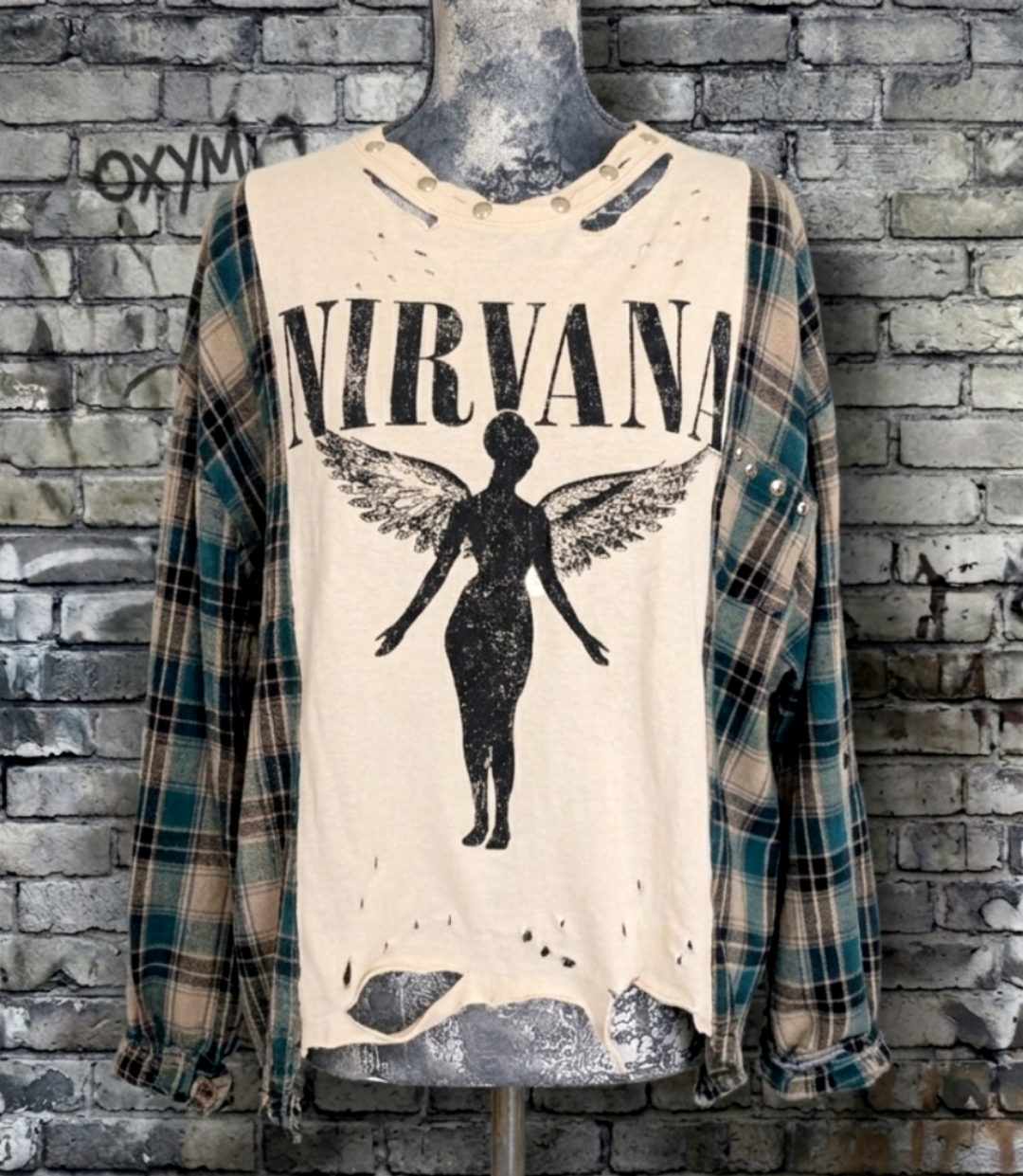 Womens reworked Nirvana tee,/ flannel hybrid- size XL