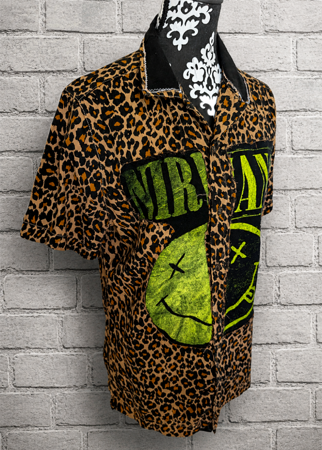 Gender Neutral Nirvana split leopard button up top- men's M/ womens L