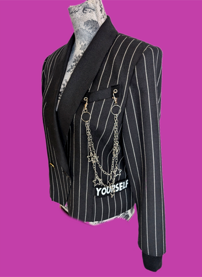 Womens vintage pinstripe blazer with MADONNA Express Yourself - size Large 10/11