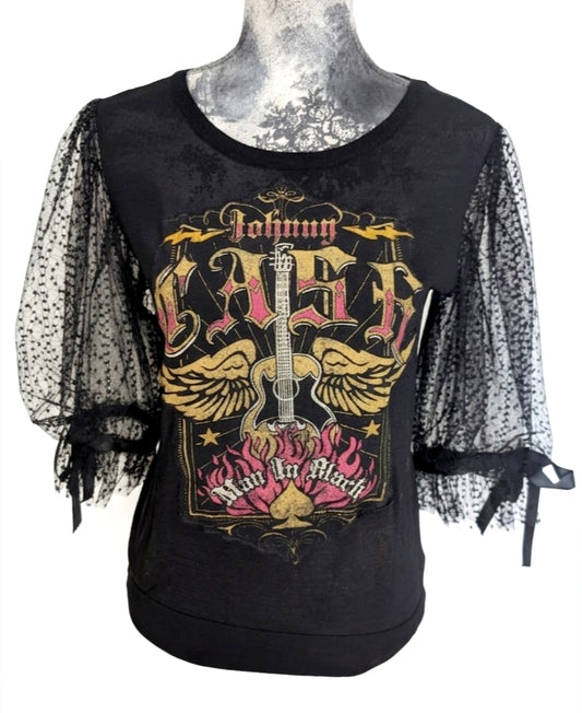 Womens Johnny Cash top with lace sleeves- size Small
