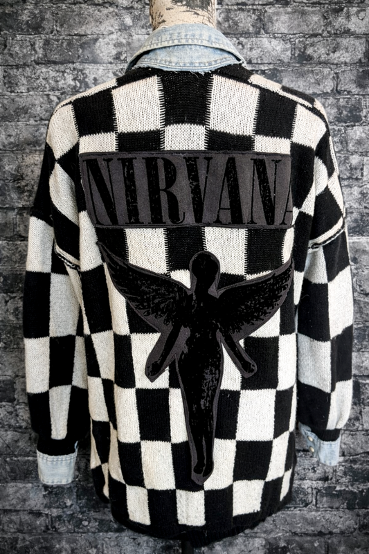 Checkered NIRVANA Cardigan- womens L- XL ( men's med)